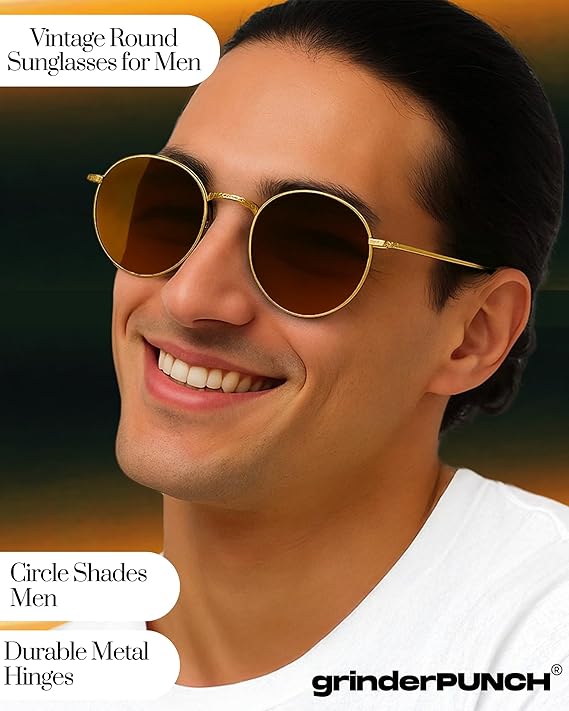 grinderPUNCH Classic Retro Sunglasses for Women Men, UV400 Protection Lens and Lightweight Men Sun Glasses Small Circle Metal Frame
