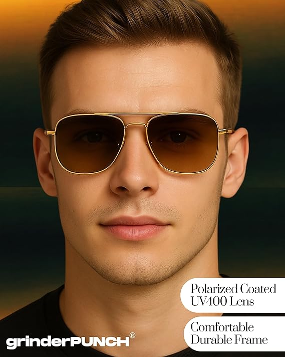 grinderPUNCH Polarized Retro Aviator Sunglasses for Men UV400 Protection Lens and Lightweight (Gold Rose Metal)