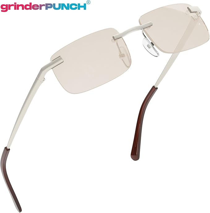 grinderPUNCH Small Slim 90's Popular Nineties Rectangular Sunglasses Clear Rimless Eyewear (Silver Frame - Light Tint)
