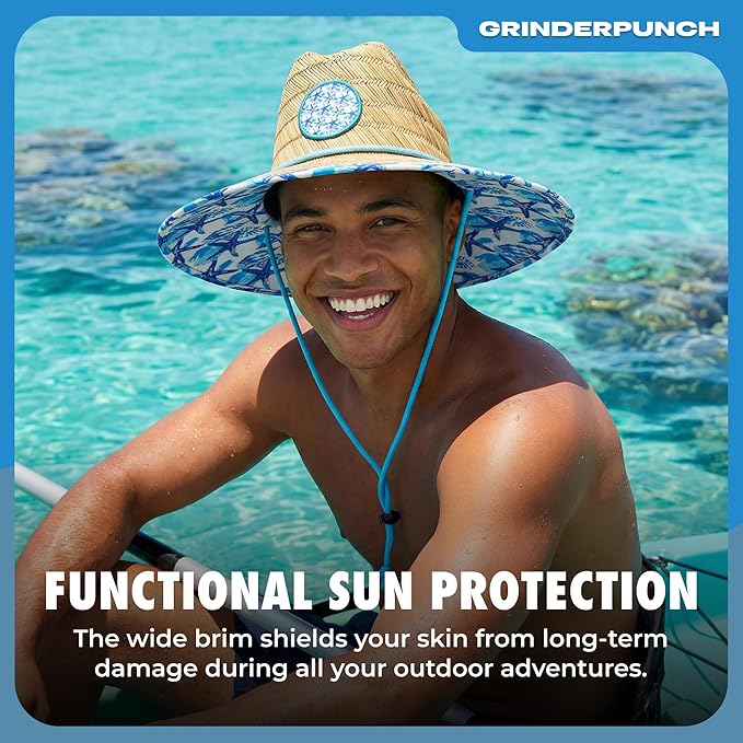 Lifeguard Hat Mens Straw Sun Hat for Beach, Outdoor, and Travel | UPF 50+ Sun Protection | Wide Brim Straw Beach Hat | Classic Sun Hat for Men and Women (White & Blue Floral)