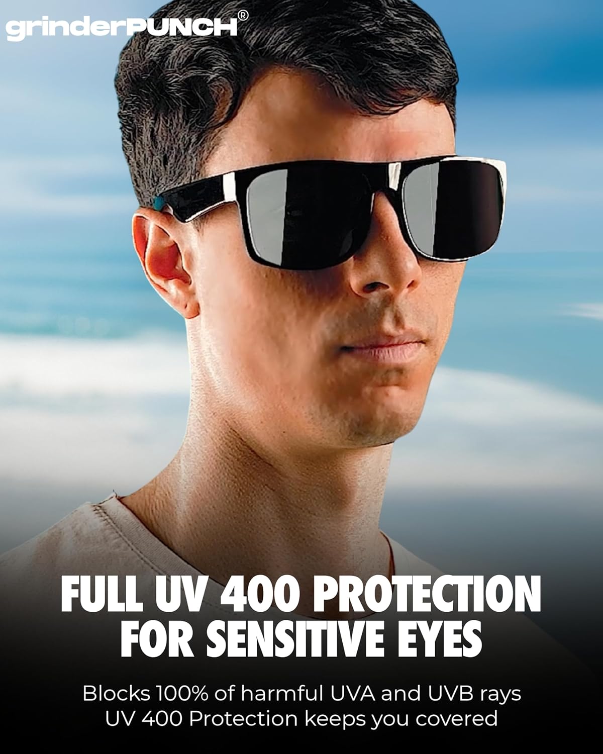grinderPUNCH XL Polarized Sunglasses – Oversized Fit for Big Heads, Black Lens, Glossy Frame, Driving Shades