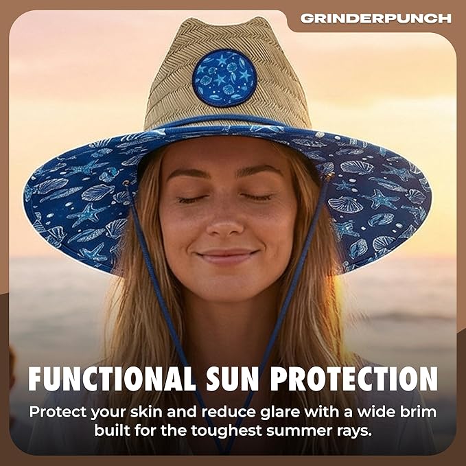 Lifeguard Hat Mens Straw Sun Hat for Beach, Outdoor, and Travel | UPF 50+ Sun Protection | Wide Brim Straw Beach Hat | Classic Sun Hat for Men and Women (Blue Nautical)