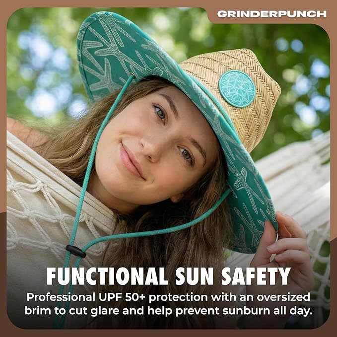 Lifeguard Hat Mens Straw Sun Hat for Beach, Outdoor, and Travel | UPF 50+ Sun Protection | Wide Brim Straw Beach Hat | Classic Sun Hat for Men and Women (Teal Starfish)