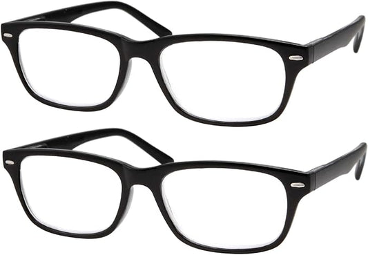2 Pairs Deluxe Reading Glasses Slim Retro Style Spring Hinge Readers Black/+2.00