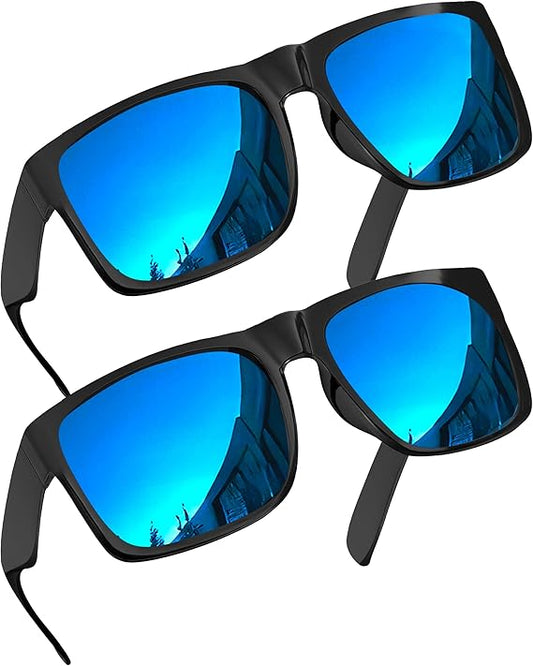 2 Pack XL Polarized Big Wide Frame Sports Driving Sunglasses (Blue Mirror Lens)