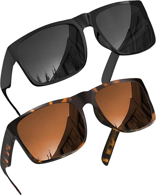 2 Pack XL Polarized Big Wide Frame Sports Driving Sunglasses (Black & Brown Polarized Lens,)