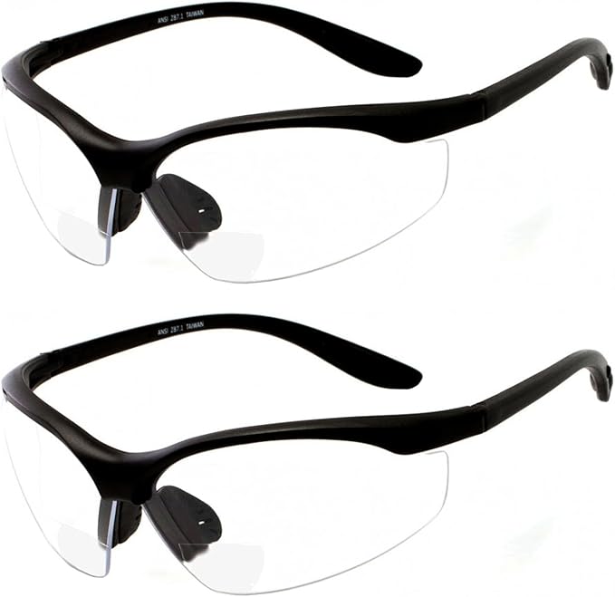 2 Pair Safety Glasses ANSI Z87 Impact Resistant Non-Slip Wrap Around Clear Lens Bifocal Reading Glasses Diopter/+1.5