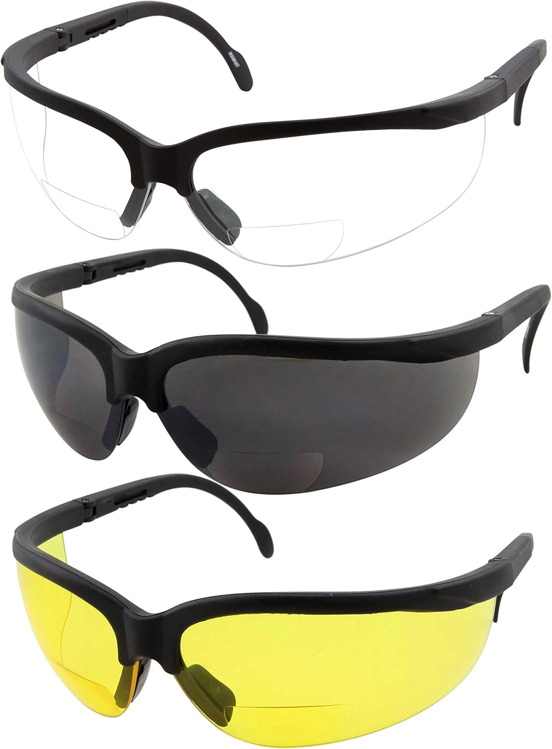 grinderPUNCH 3 Pairs Combo Bifocal Safety Reading Glasses - Assorted Colors Clear Black Yellow Lens - With Side Cover (Diopter +1.00)