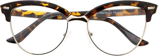 Semi-Rimless Nerd Fashion Glasses Retro Cat Eye Women's Fake Glasses Clear Lens (Tortoise)
