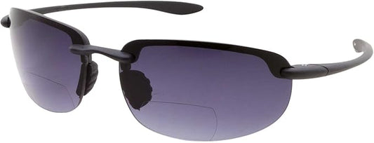 Mens Rimless Bifocal Reading Sunglasses Sports Wrap Reader Glasses, Black, +3.00