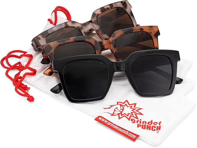 grinderPUNCH Womens Boyfriend Style XL Oversized Horned Rim Thick Sunglasses Women's Retro Vintage Style Oversize (3 Pack Bundle Saver)