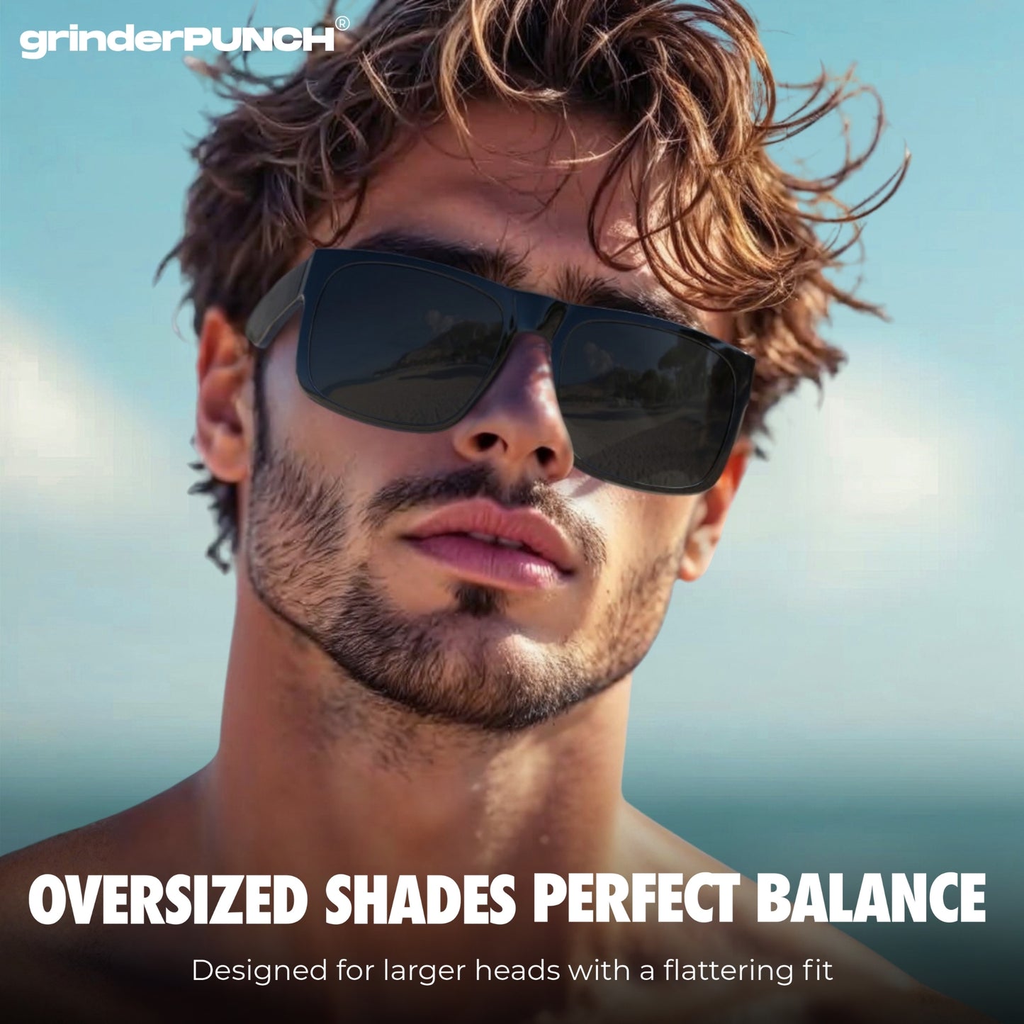 grinderPUNCH Polarized XL Sunglasses – Big Head Fit, Oversized Driving Shades, Black Lens