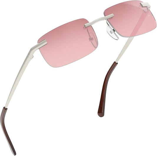 grinderPUNCH Small Slim 90's Popular Nineties Rectangular Sunglasses Clear Rimless Eyewear (Silver Frame - Pink)