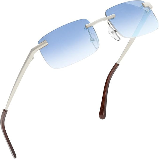 grinderPUNCH Small Slim 90's Popular Nineties Rectangular Sunglasses Clear Rimless Eyewear (Silver Frame - Blue)