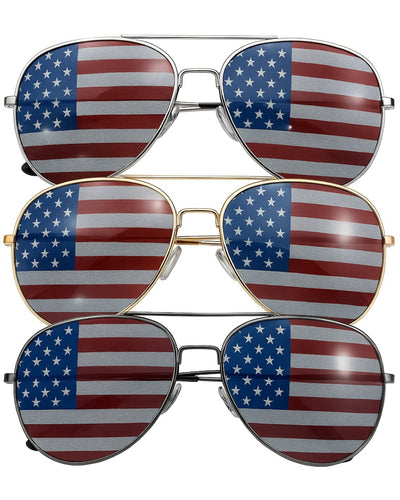 3 Pack Bulk USA America Glasses - American Flag Aviator Sunglasses - Assorted Colors - grinderPUNCH