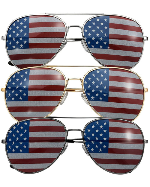3 Pack Bulk USA America Glasses - American Flag Aviator Sunglasses - Assorted Colors - grinderPUNCH