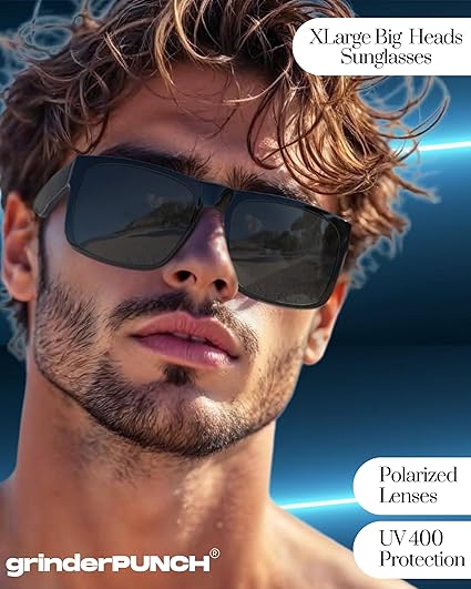 grinderPUNCH 2 Pack XL Polarized Big Wide Frame Large Head Fit Sunglasses for Sports Driving Fishing Glasses (Black Polarized Lens)