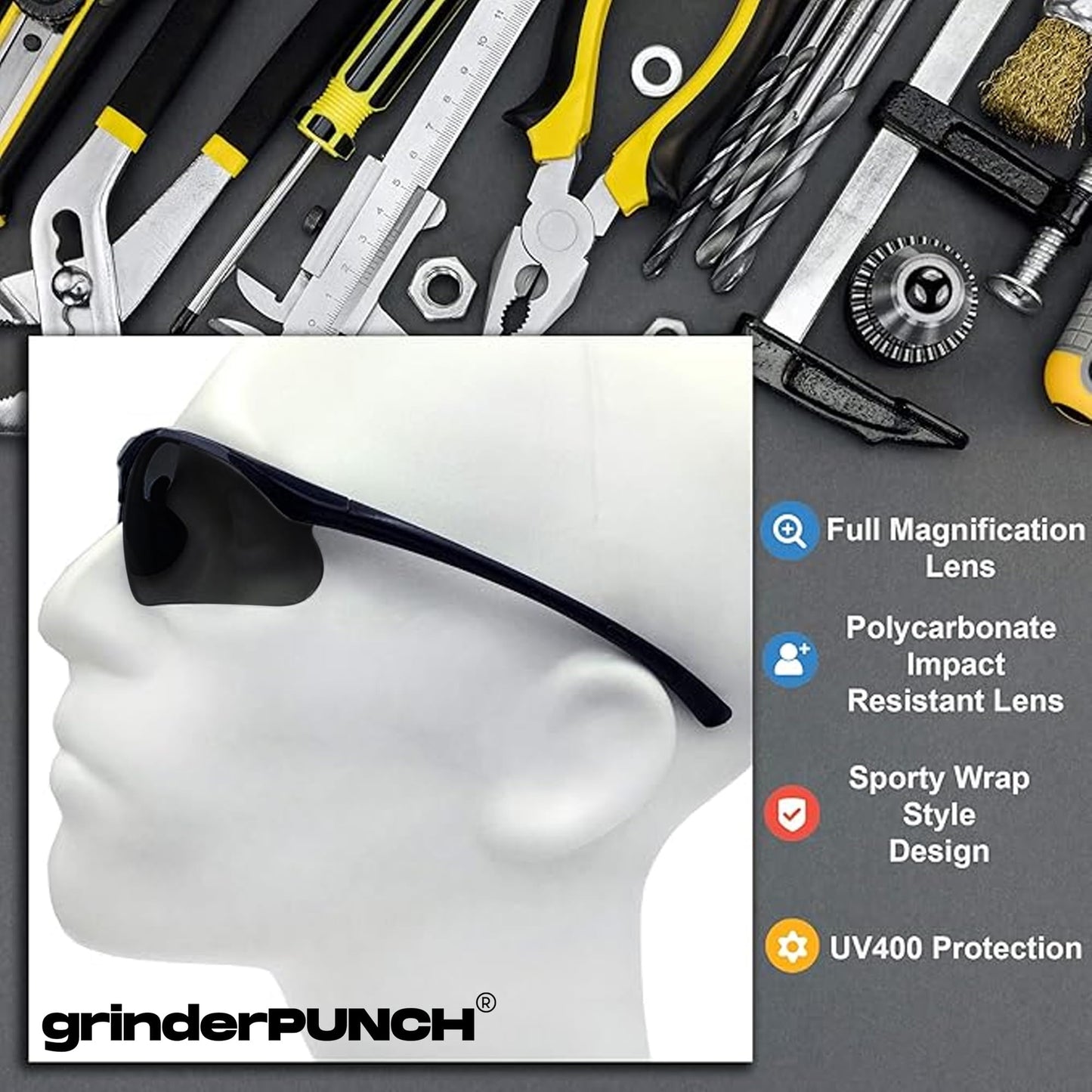grinderPUNCH Full Lens Magnification Safety Glasses with Black Frame | Clear Lens | | Magnifying Reading Eyewear (Tinted +2.50 Diopter)