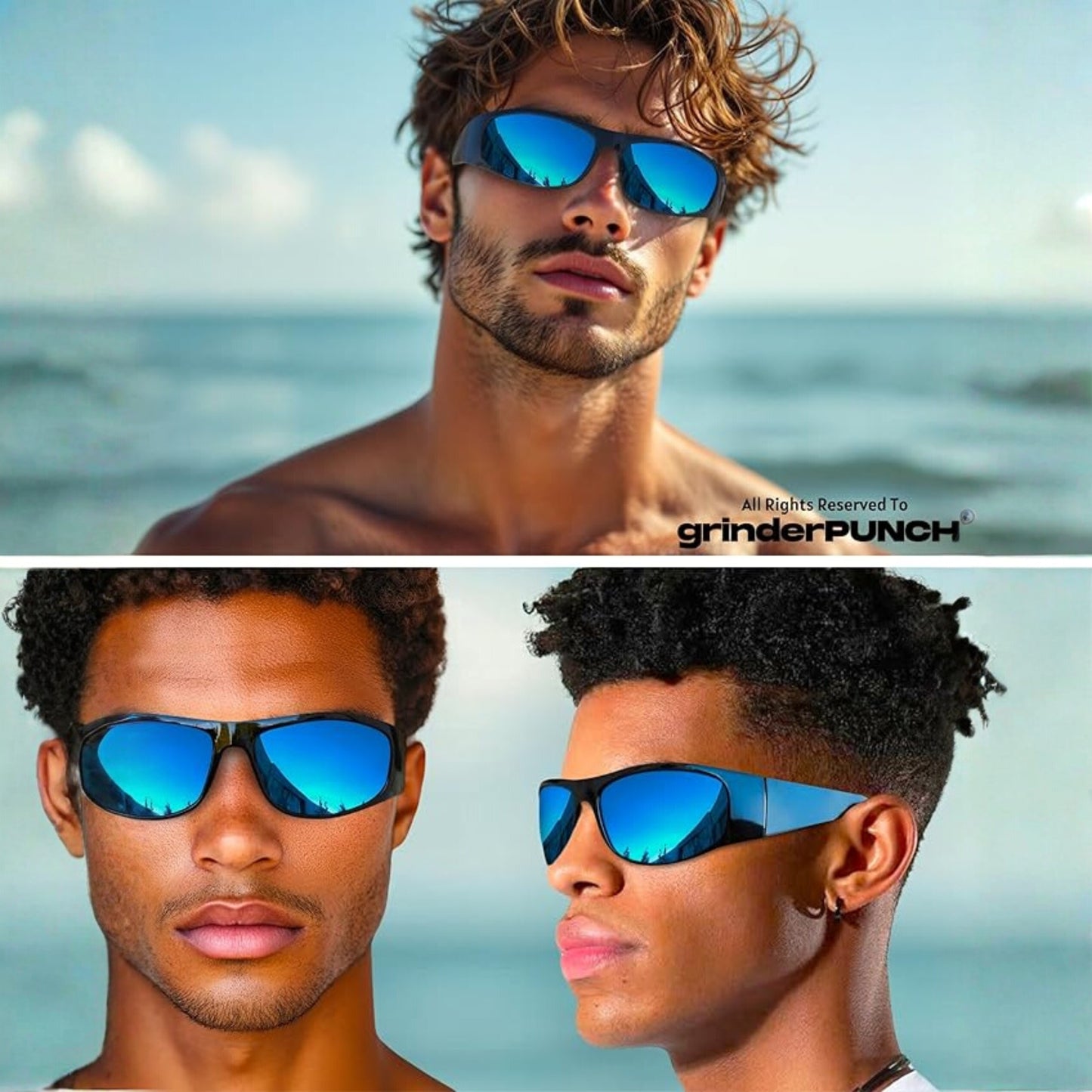 grinderPUNCH Polarized Sunglasses Men Womens Trendy Retro Sports Rectangular Wrap Around Matte Frame/Blue Lens
