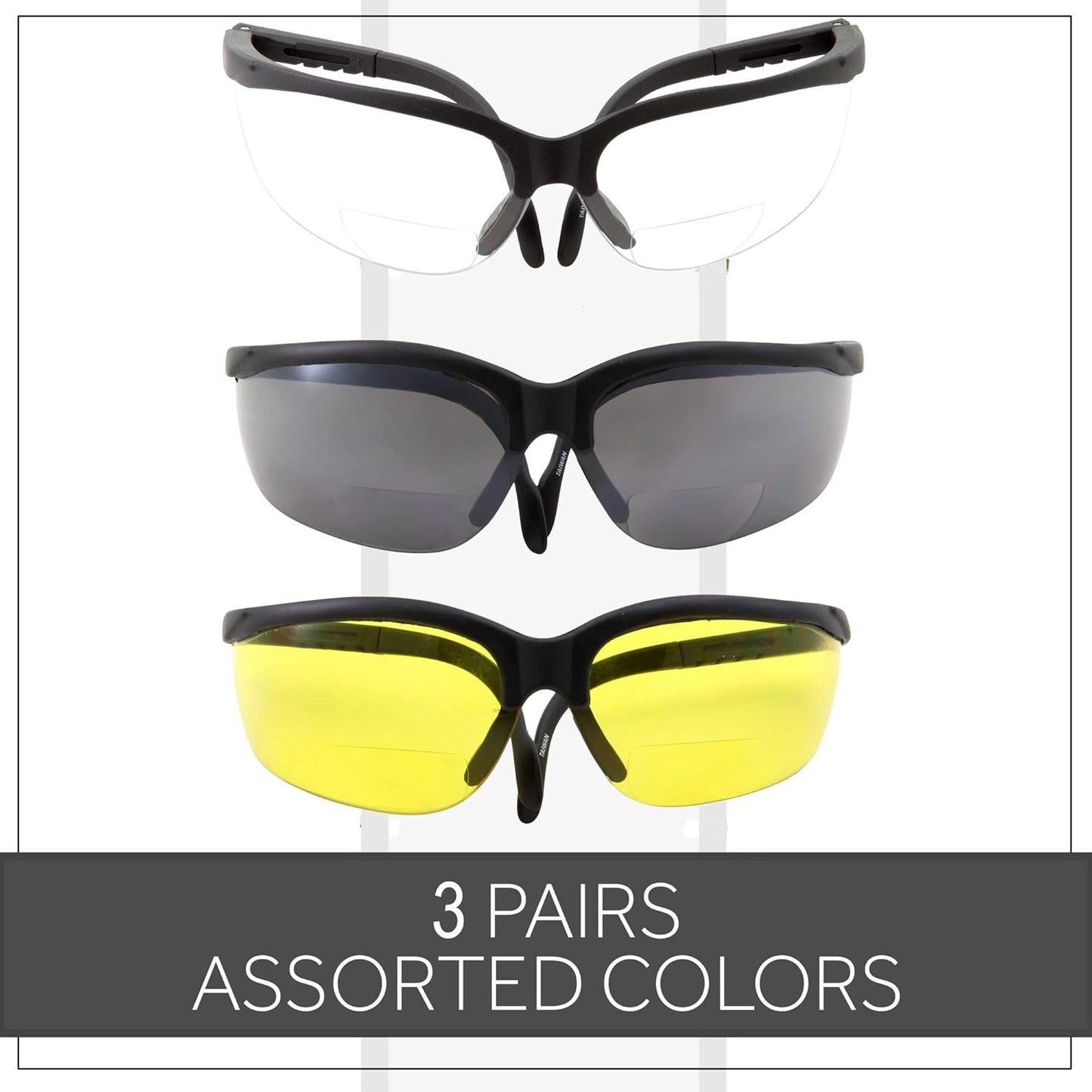 grinderPUNCH 3 Pairs Combo Bifocal Safety Reading Glasses - Assorted Colors Clear Black Yellow Lens - With Side Cover (Diopter +1.00)