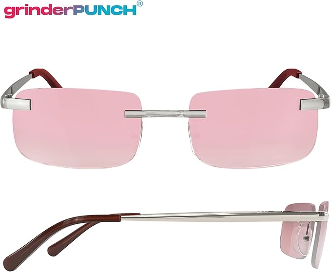 Small Slim 90's Popular Nineties Rectangular Sunglasses Clear Rimless Eyewear (Silver Frame - Pink)