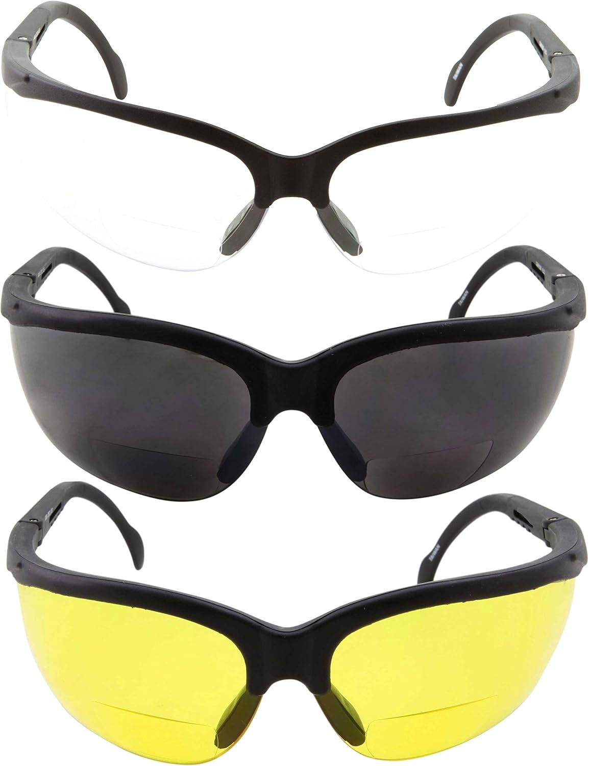 grinderPUNCH 3 Pairs Combo Bifocal Safety Reading Glasses - Assorted Colors Clear Black Yellow Lens - With Side Cover (Diopter +1.00)