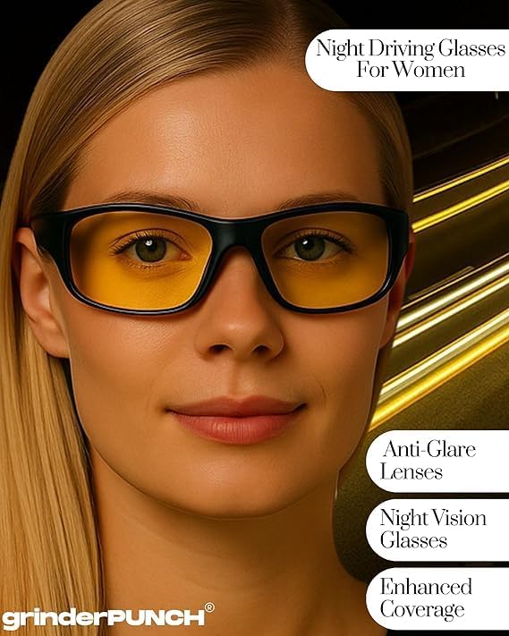 grinderPUNCH Night Driving Glasses Anti Glare Polarized For Women Men Night Vision Yellow Lens Anti Glare Driving Glasses UV Protection (Matte Frame/Yellow Lens)