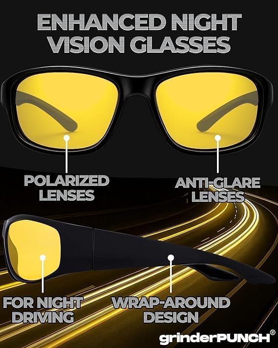 grinderPUNCH Night Driving Glasses Anti Glare Polarized For Women Men Night Vision Yellow Lens Anti Glare Driving Glasses UV Protection (Matte Frame/Yellow Lens)