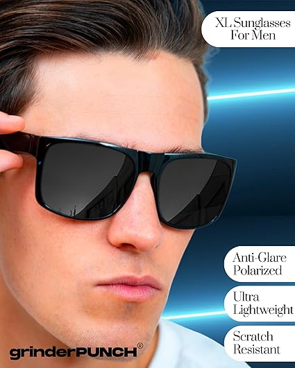 grinderPUNCH 2 Pack XL Polarized Big Wide Frame Large Head Fit Sunglasses for Sports Driving Fishing Glasses (Black Polarized Lens)
