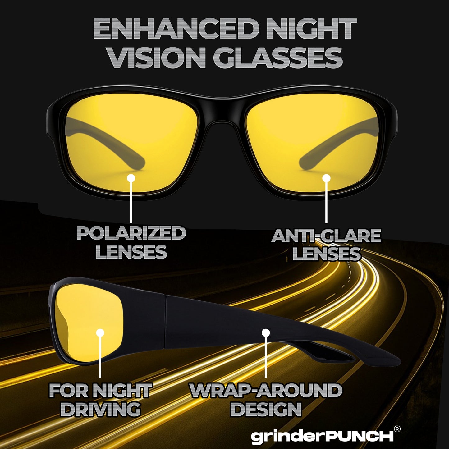 Polarized Night Vision HD Yellow Driving Sunglasses Biker Style Rider Wrap Around Style Lightweight UV Protection