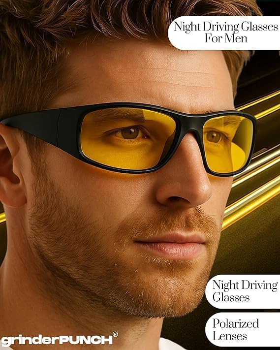 grinderPUNCH Night Driving Glasses Anti Glare Polarized For Women Men Night Vision Yellow Lens Anti Glare Driving Glasses UV Protection (Matte Frame/Yellow Lens)