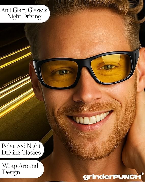 grinderPUNCH Night Driving Glasses Anti Glare Polarized For Women Men Night Vision Yellow Lens Anti Glare Driving Glasses UV Protection (Matte Frame/Yellow Lens)