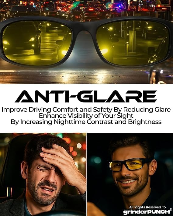 grinderPUNCH Night Driving Glasses Anti Glare Polarized For Women Men Night Vision Yellow Lens Anti Glare Driving Glasses UV Protection (Matte Frame/Yellow Lens)