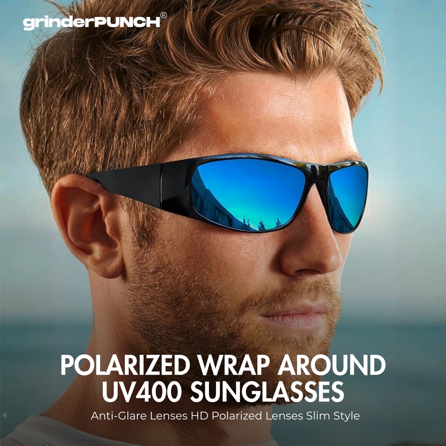 grinderPUNCH Polarized Sunglasses Men Womens Trendy Retro Sports Rectangular Wrap Around Matte Frame/Blue Lens