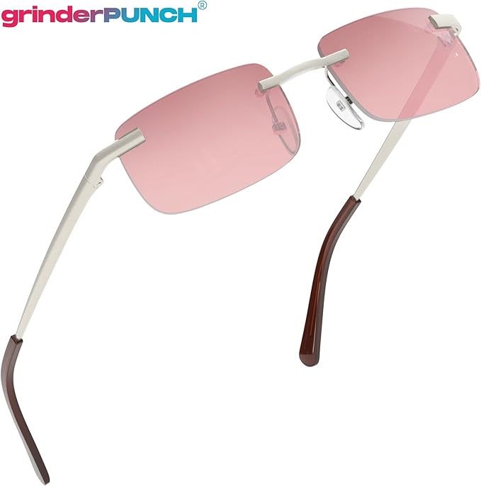 Small Slim 90's Popular Nineties Rectangular Sunglasses Clear Rimless Eyewear (Silver Frame - Pink)