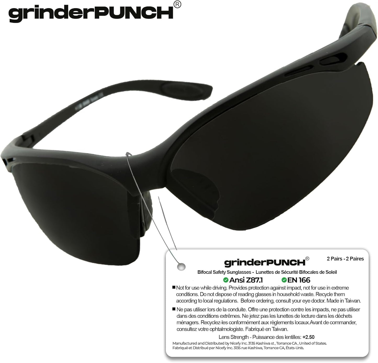 grinderPUNCH Bifocal Safety Black Lens Glasses Readers ANSI Z87 Impact Resistant Bifocal Diopter Magnifying Reading Glasses