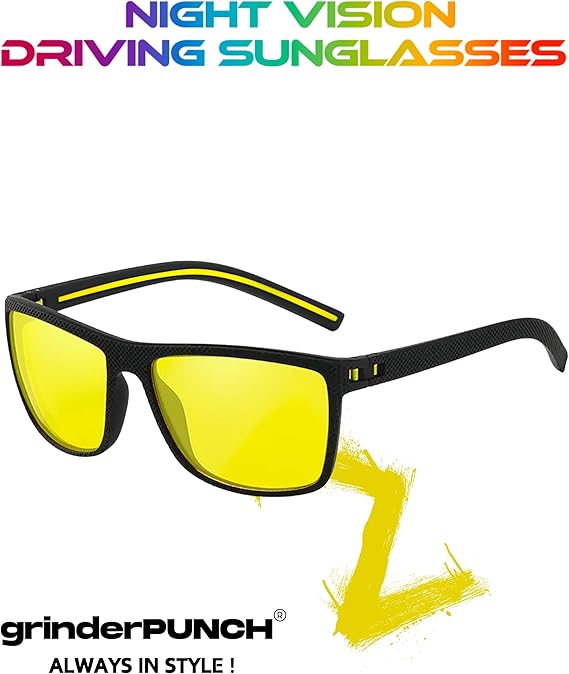 grinderPUNCH Night Driving Glasses Anti Glare Polarized For Women Men Night Vision Yellow Lens Anti Glare Driving Glasses UV Protection (Black Frame/Polarized Yellow Lens)