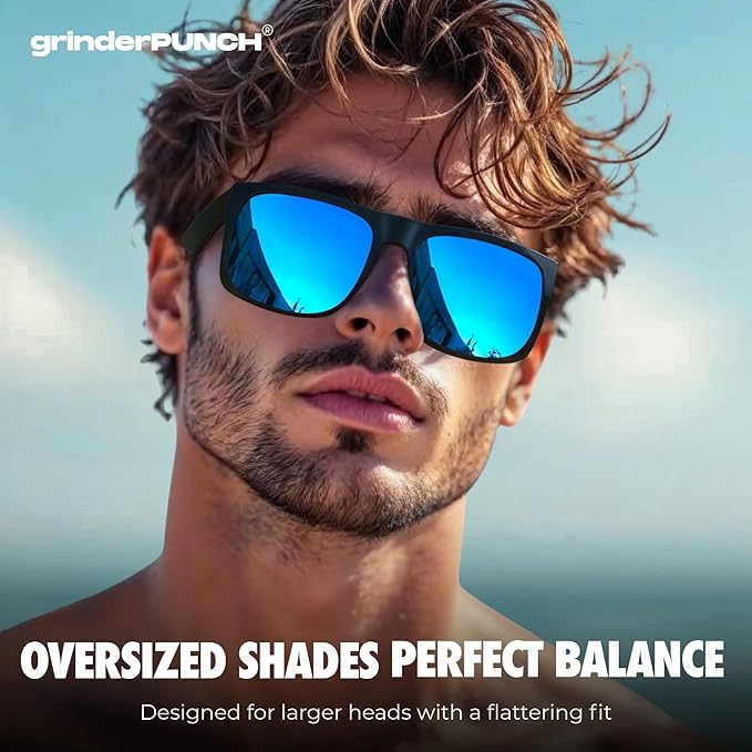 grinderPUNCH 2 Pack XL Polarized Big Wide Frame Large Head Fit Sunglasses for Sports Driving Fishing Glasses (Blue)
