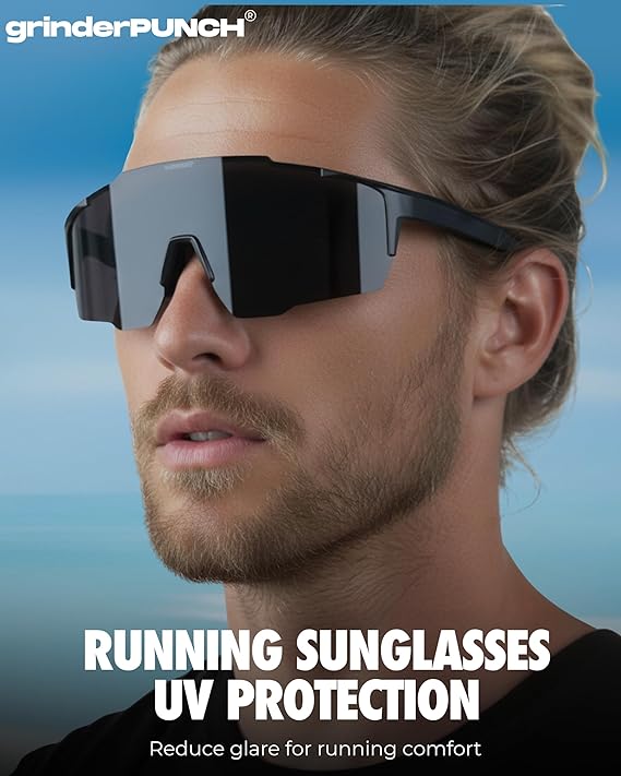grinderPUNCH UV 400 Sports Sunglasses Cycling Glasses, Biking Goggles Running Hiking Golf Fishing Driving (Black)