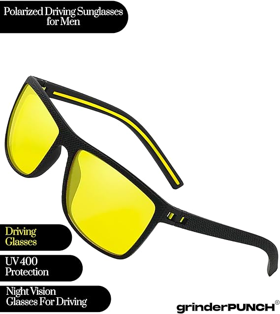 grinderPUNCH Night Driving Glasses Anti Glare Polarized For Women Men Night Vision Yellow Lens Anti Glare Driving Glasses UV Protection (Black Frame/Polarized Yellow Lens)