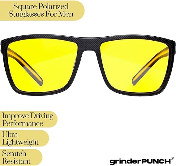 grinderPUNCH Night Driving Glasses Anti Glare Polarized For Women Men Night Vision Yellow Lens Anti Glare Driving Glasses UV Protection (Black Frame/Polarized Yellow Lens)
