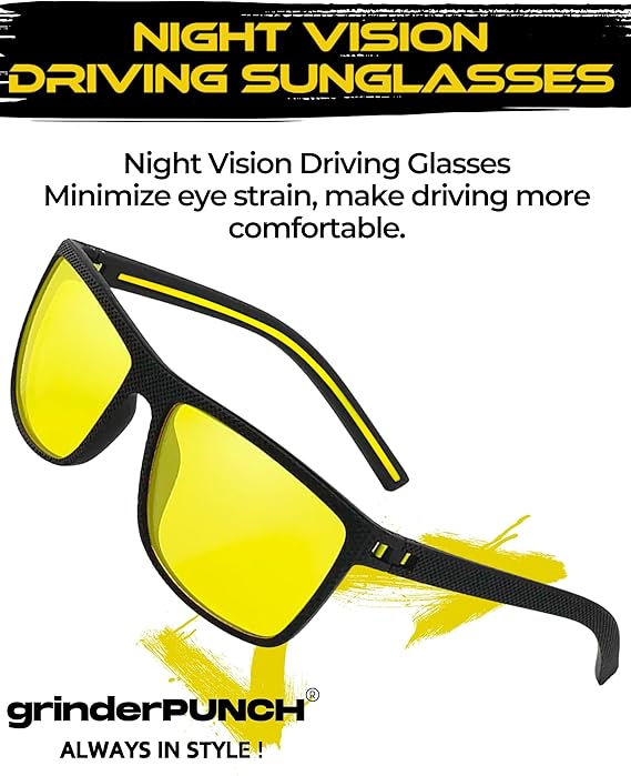 grinderPUNCH Night Driving Glasses Anti Glare Polarized For Women Men Night Vision Yellow Lens Anti Glare Driving Glasses UV Protection (Black Frame/Polarized Yellow Lens)