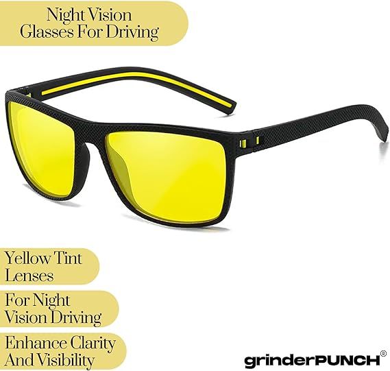 grinderPUNCH Night Driving Glasses Anti Glare Polarized For Women Men Night Vision Yellow Lens Anti Glare Driving Glasses UV Protection (Black Frame/Polarized Yellow Lens)