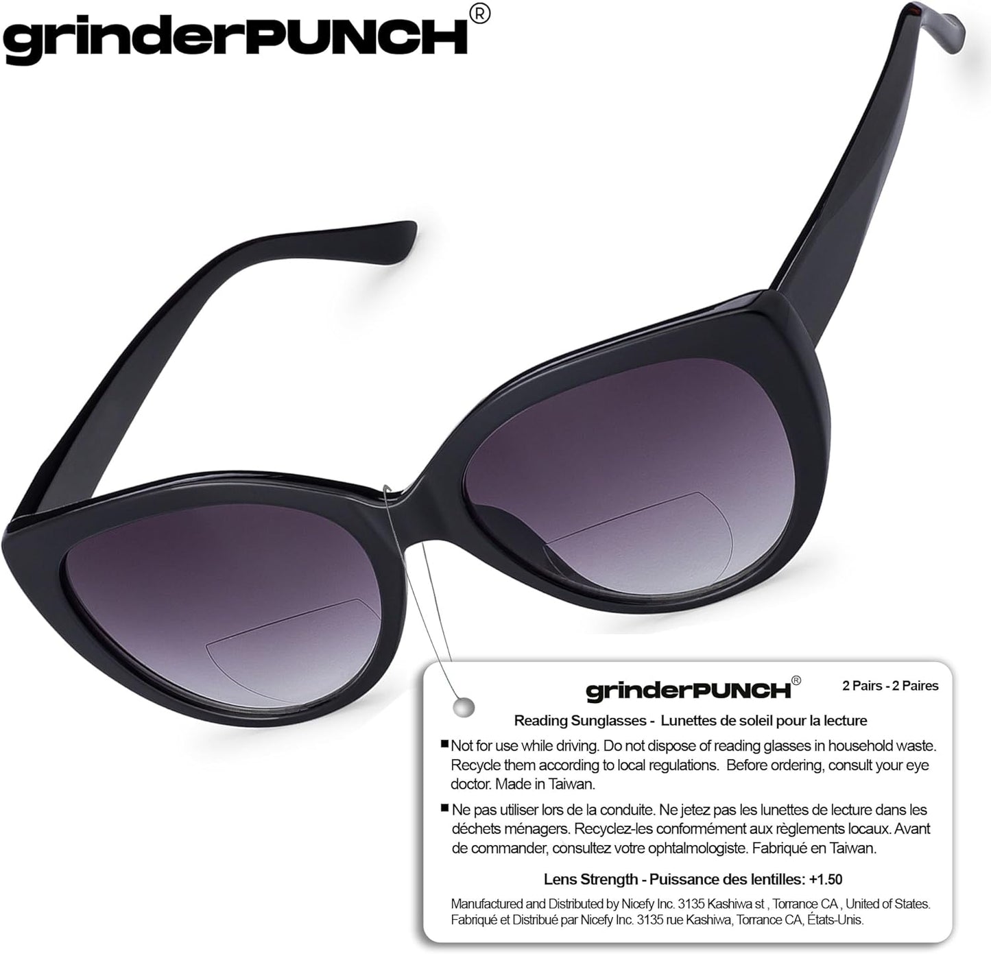 grinderPUNCH 2 Pairs Women Bifocal Reading Sunglasses | Ladies Sun Reader Glasses Cateye Vintage (3.00x)
