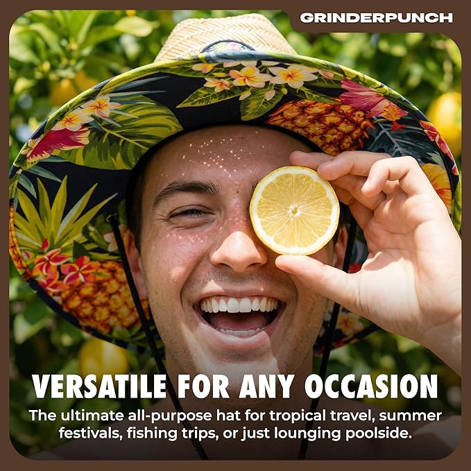 grinderPUNCH Lifeguard Hat Mens Straw Sun Hat for Outdoor, and Travel | UPF 50+ Sun Protection | Straw Beach Hat for Men (US, Alpha, One Size, Tropical Pineapple)