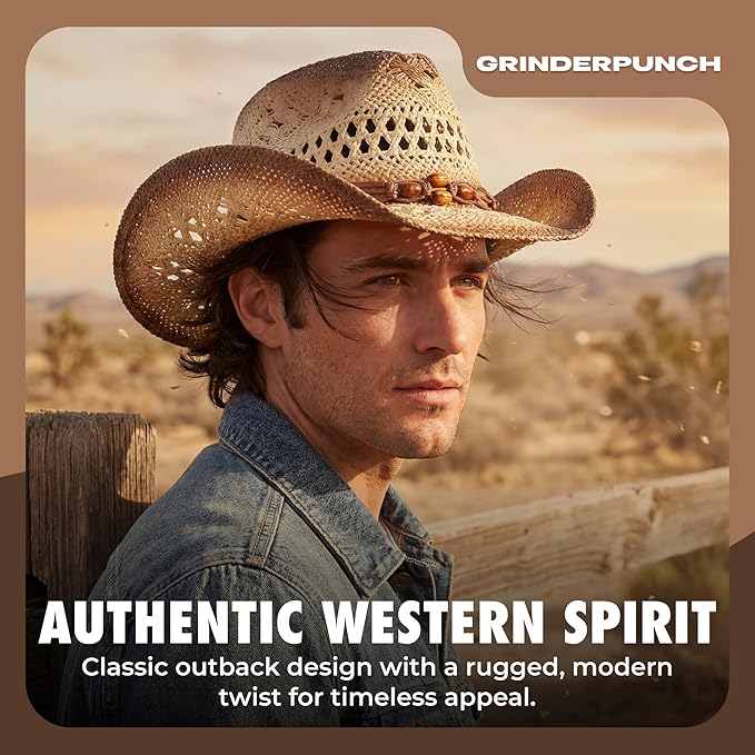 Western Outback Cowboy Hat Men's Women's Style Classic Straw Western Cowgirl Hat (Biege)