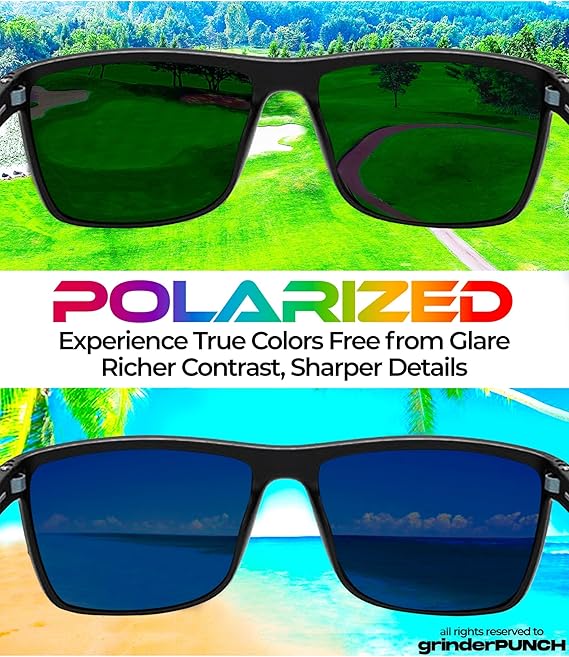 grinderPUNCH Polarized Driving Sunglasses for Men and Women UV Protection Lightweight UV400 Protection Anti Glare Square Sun Glasses