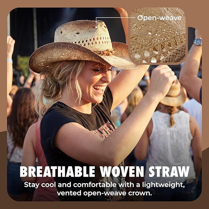 Western Outback Cowboy Hat Men's Women's Style Classic Straw Western Cowgirl Hat (Biege)