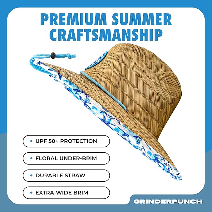 Lifeguard Hat Mens Straw Sun Hat for Beach, Outdoor, and Travel | UPF 50+ Sun Protection | Wide Brim Straw Beach Hat | Classic Sun Hat for Men and Women (White & Blue Floral)