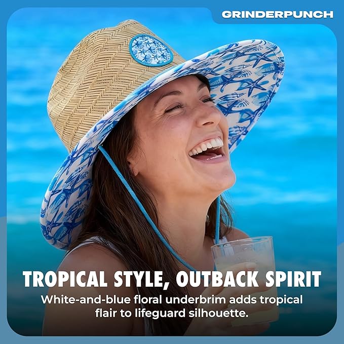 Lifeguard Hat Mens Straw Sun Hat for Beach, Outdoor, and Travel | UPF 50+ Sun Protection | Wide Brim Straw Beach Hat | Classic Sun Hat for Men and Women (White & Blue Floral)